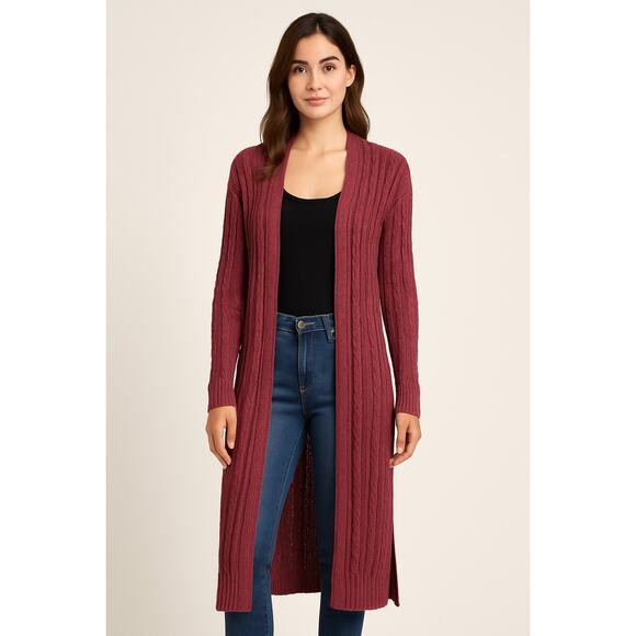 POL Maroon Cable Knit Open Front Duster Cardigan Sweater Size L - Picture 1 of 6